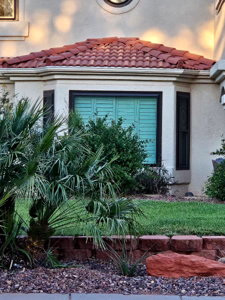 House with green shutters and plants
