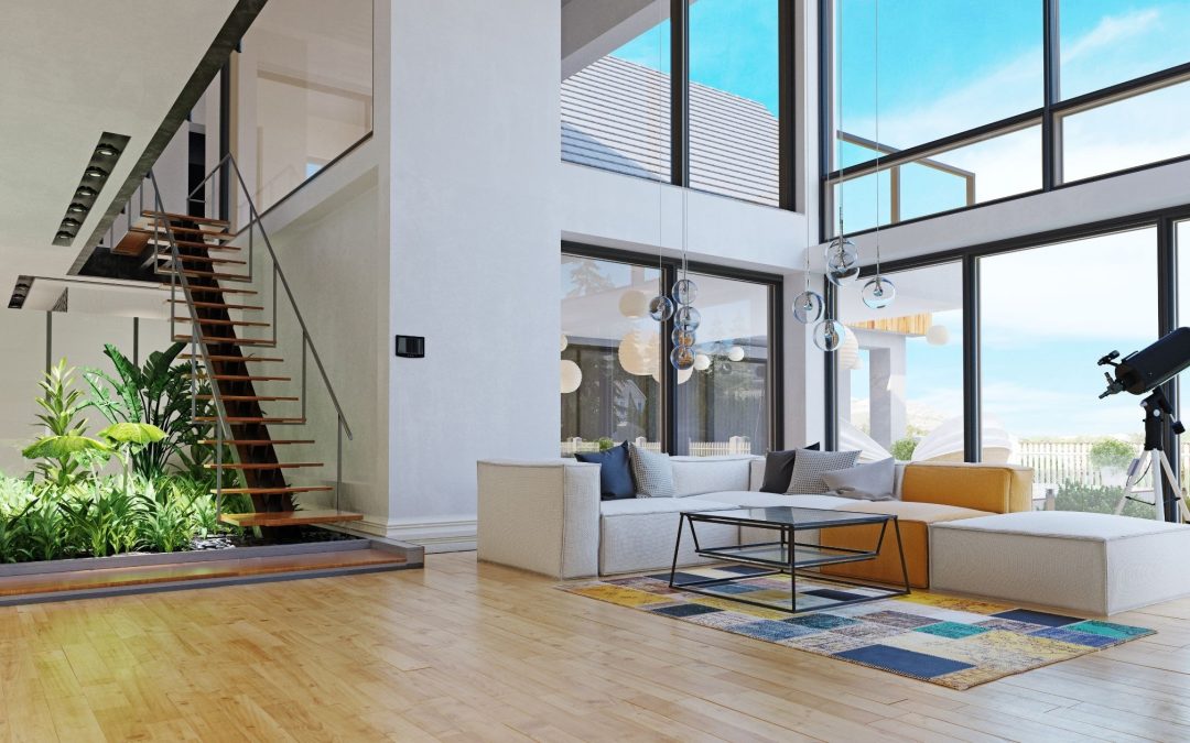 Modern living room with large windows