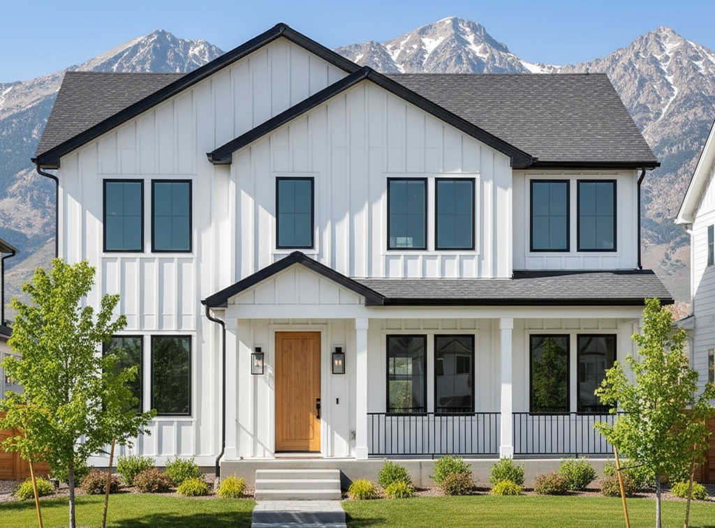 a house with a window and a stone garden