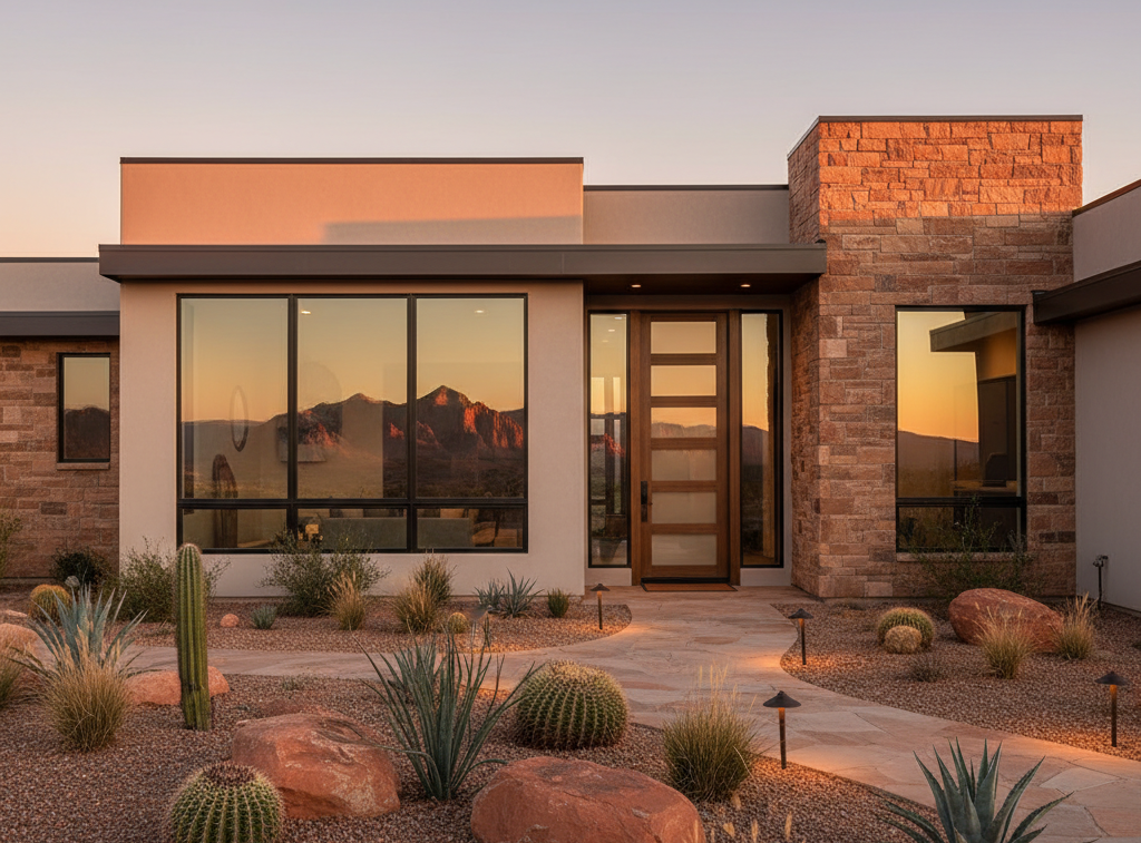 a house with a window and a stone garden