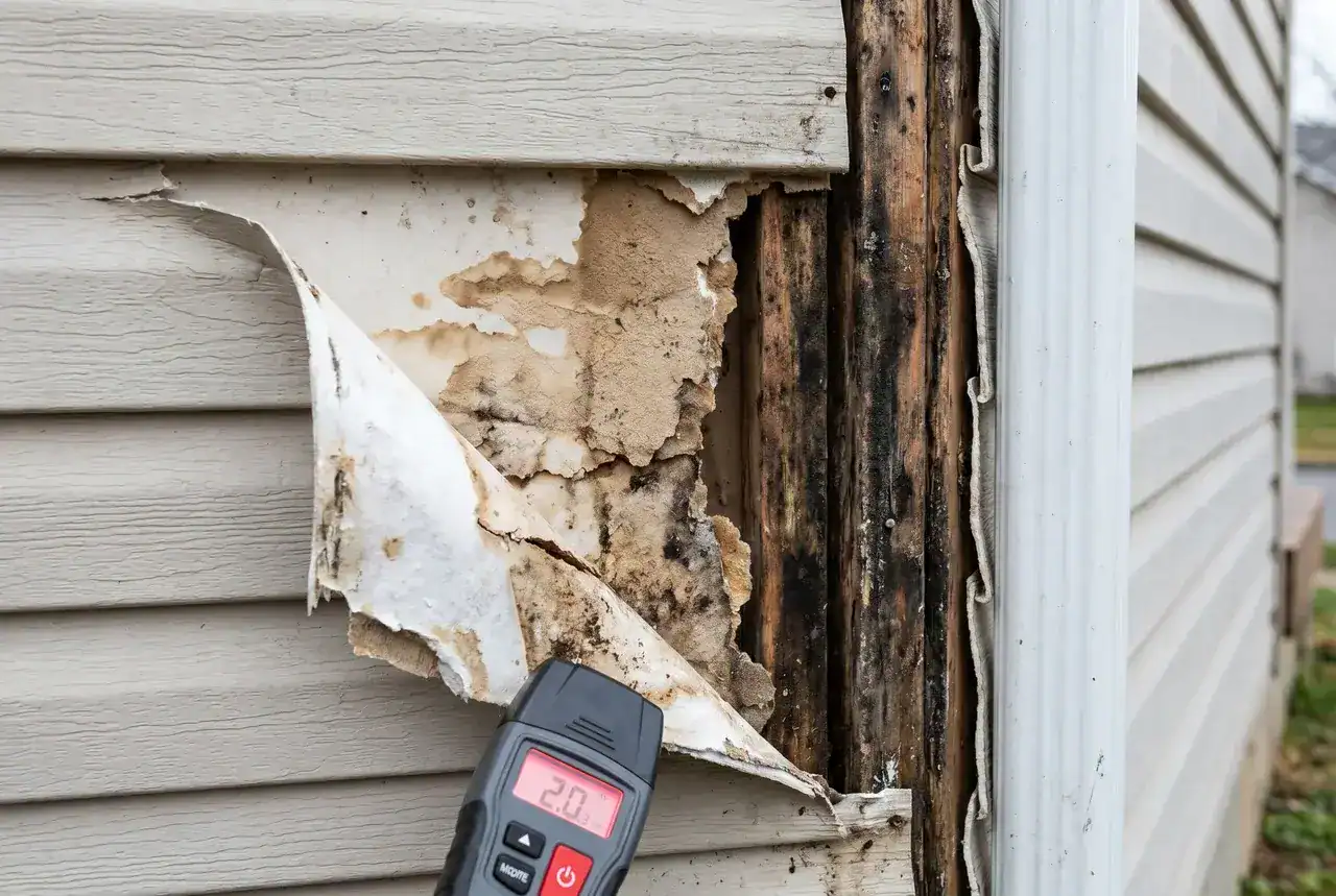 Damaged house siding with peeling paint and exposed wood, showing need for repair or replacement.