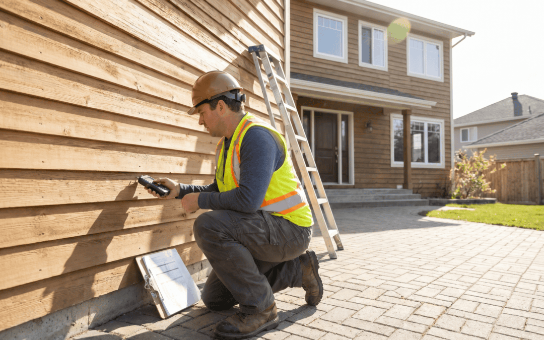 Worker installing wooden siding on a house exterior with a ladder nearby.