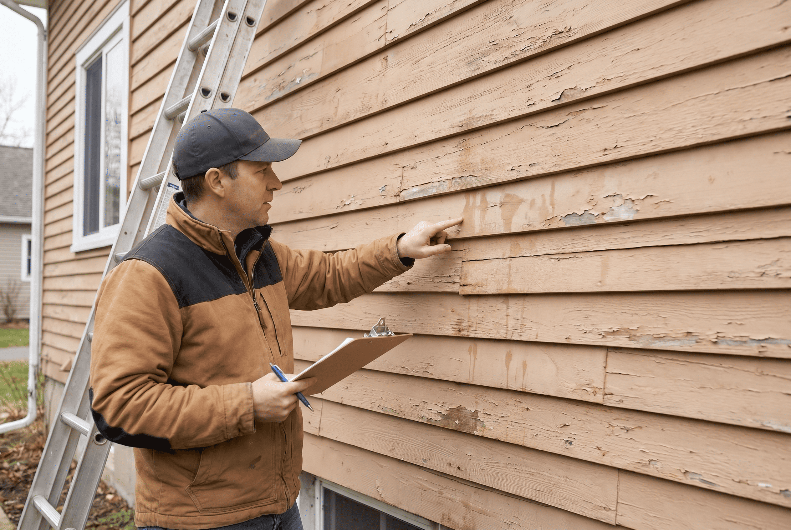 Man inspecting wooden siding on house exterior for quality and damage.