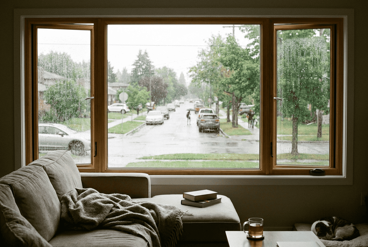 View through NTY Windows showing rainy street and parked cars.