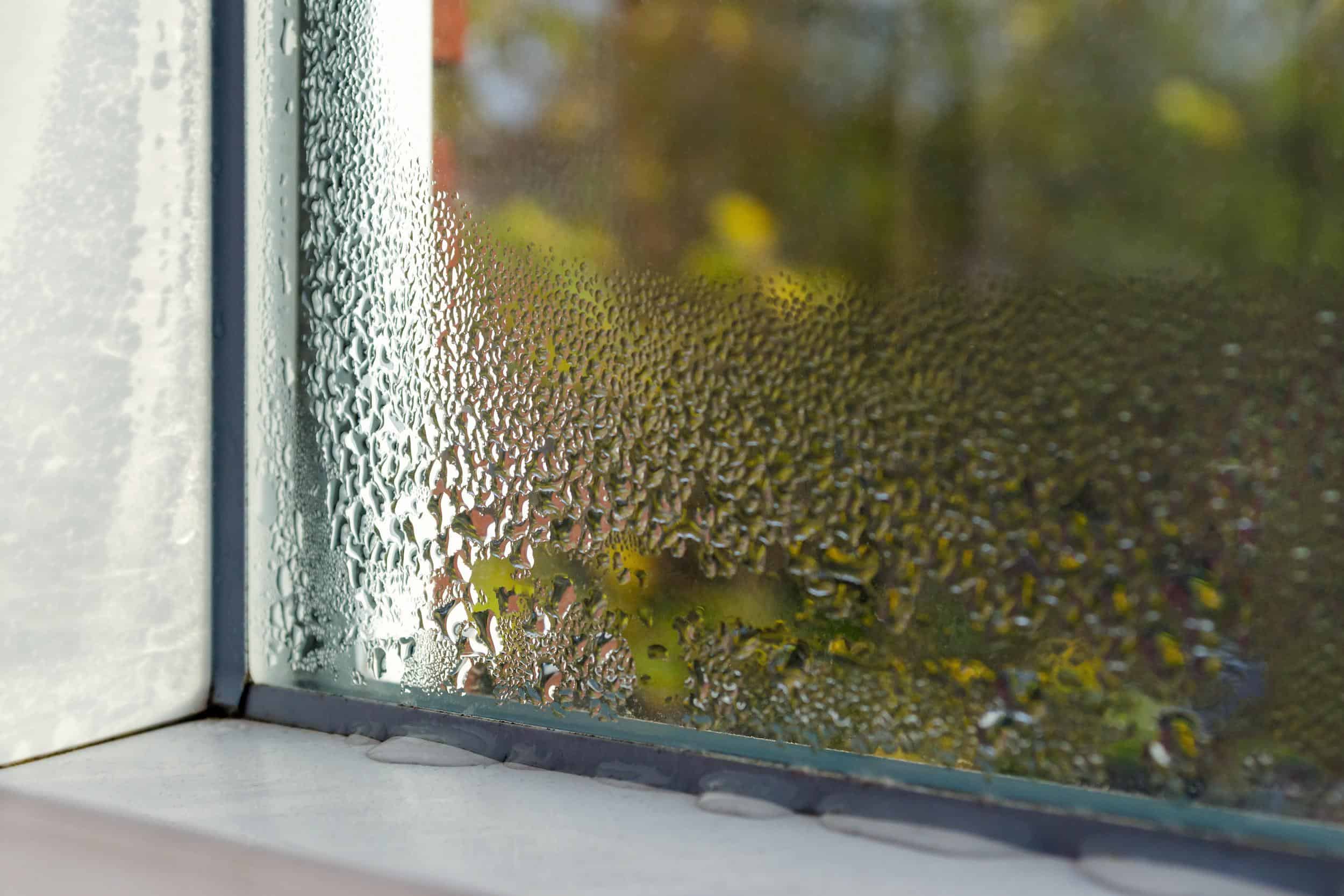 Close-up of a window with condensation and water droplets on the glass surface.
