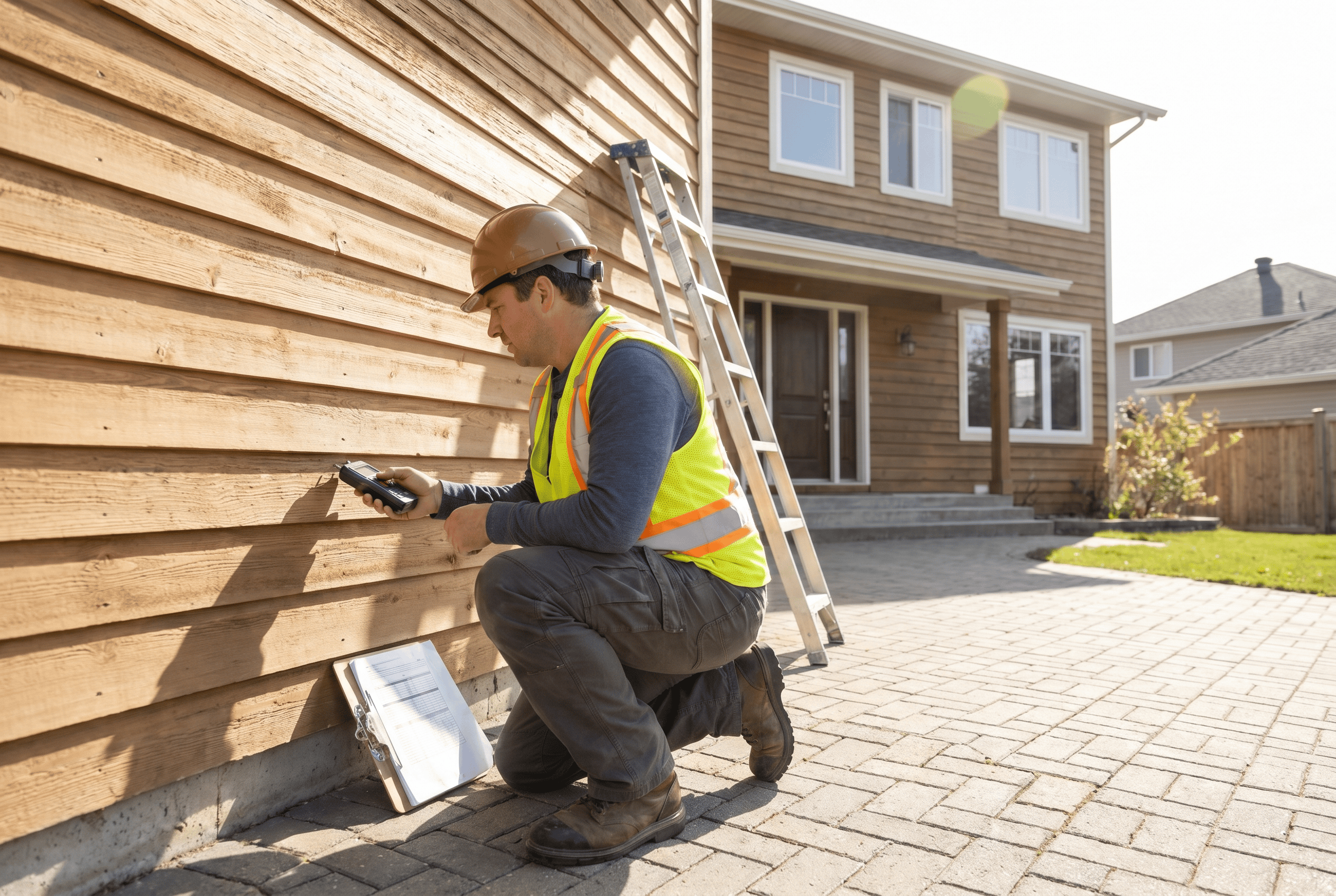Worker installing exterior wooden siding on a house with a ladder nearby.