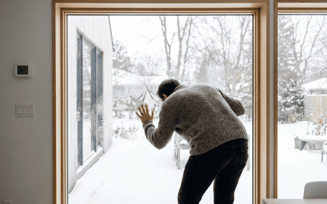 Person cleaning large glass window with snowy outdoor scene.