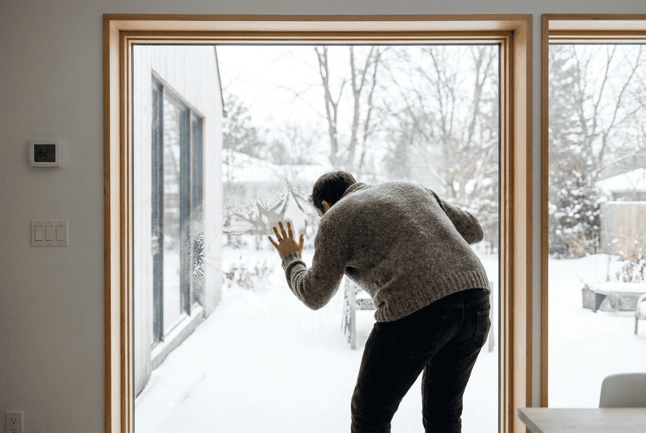 Person cleaning large glass window with snowy outdoor scene.
