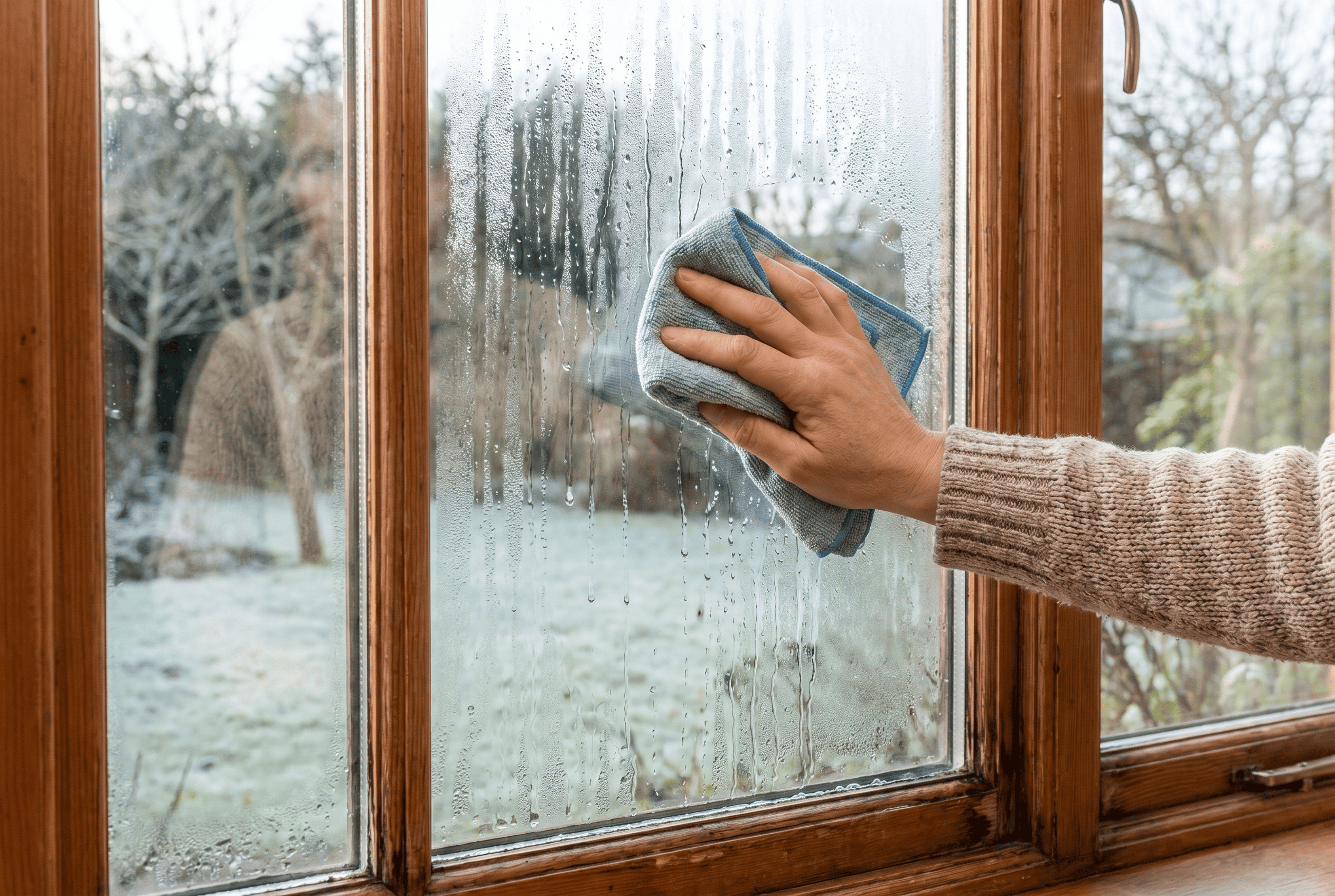 Person cleaning a wooden window with a cloth on a rainy day.