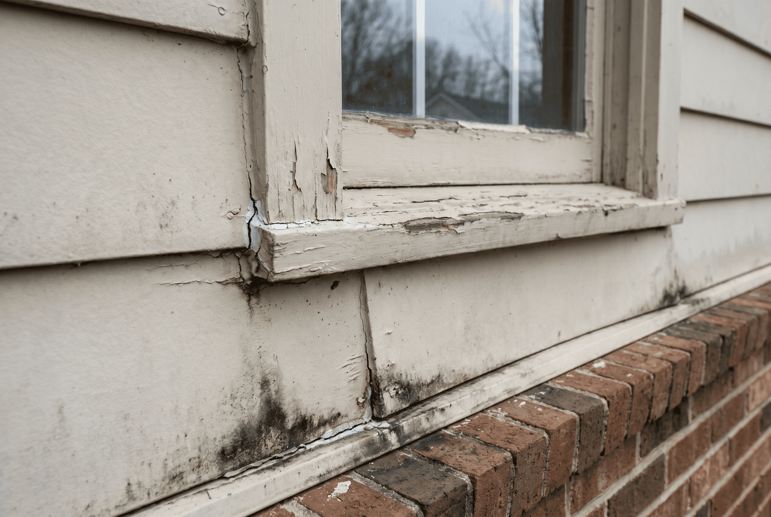 Old window frame with peeling paint and water damage on a house exterior.