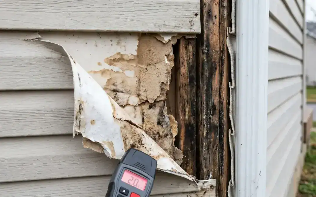Damaged house siding with exposed wood and moisture, indicating need for repair or replacement.