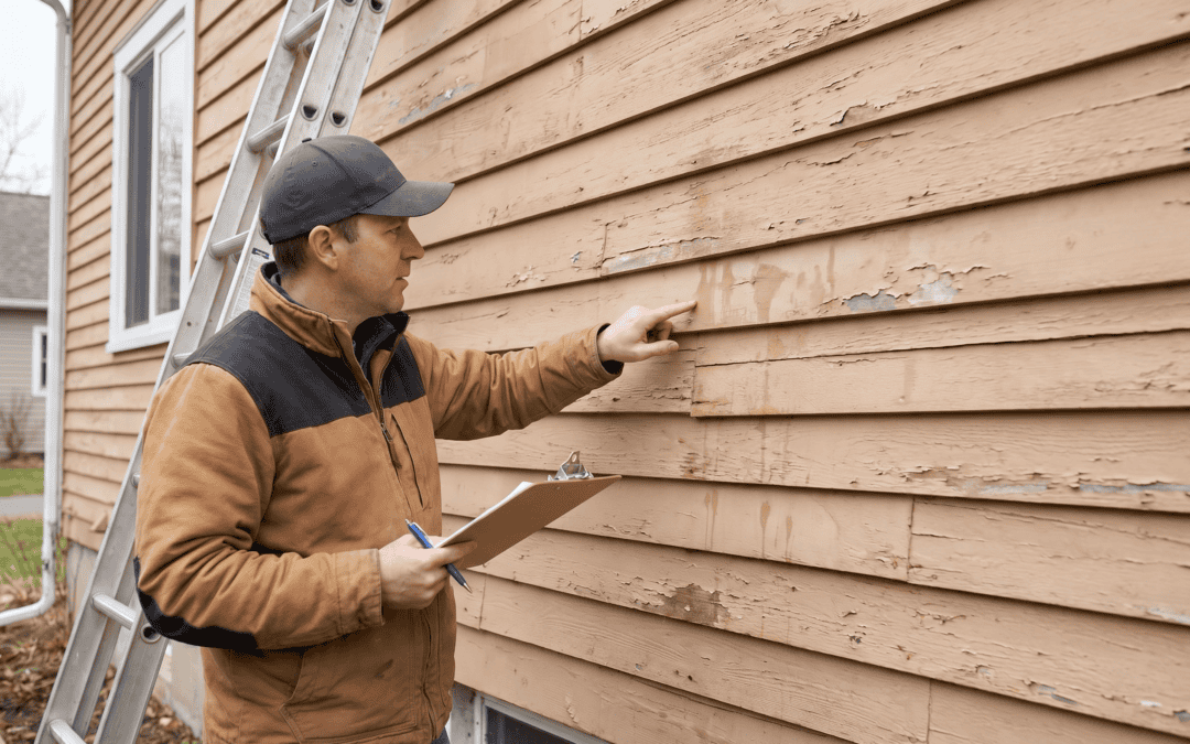 Man inspecting wooden siding on house exterior for maintenance or repair.