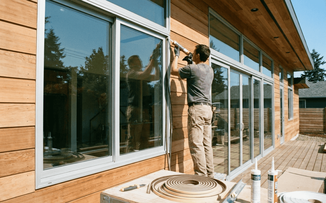Man installing large glass windows on a wooden house exterior.