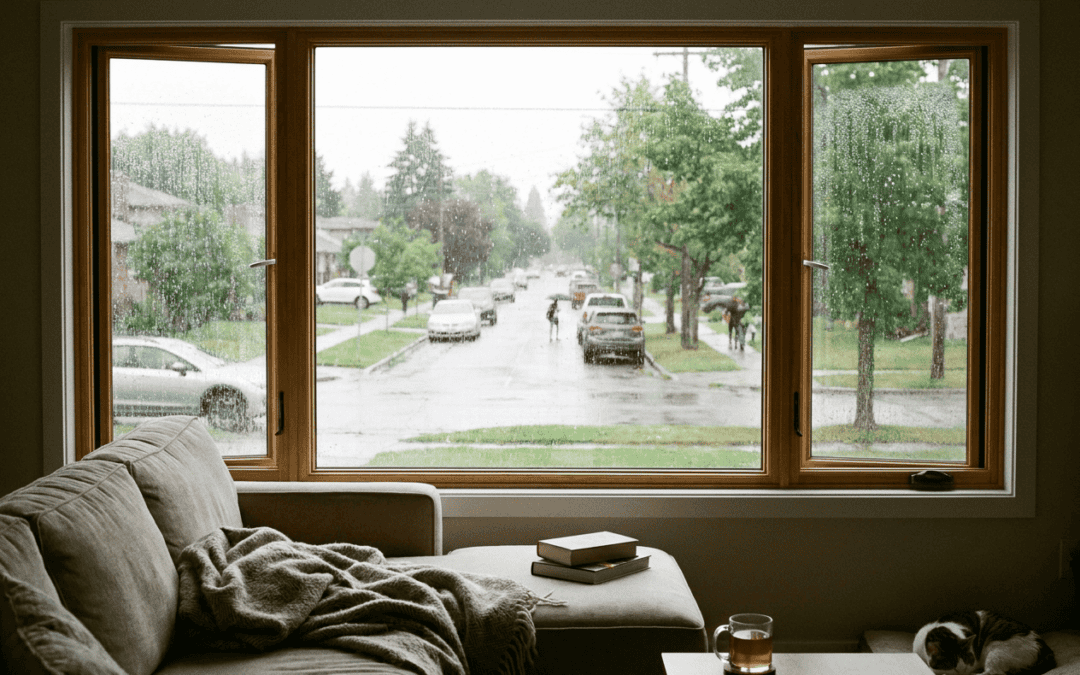View through NTY Windows showing rainy street and parked cars.