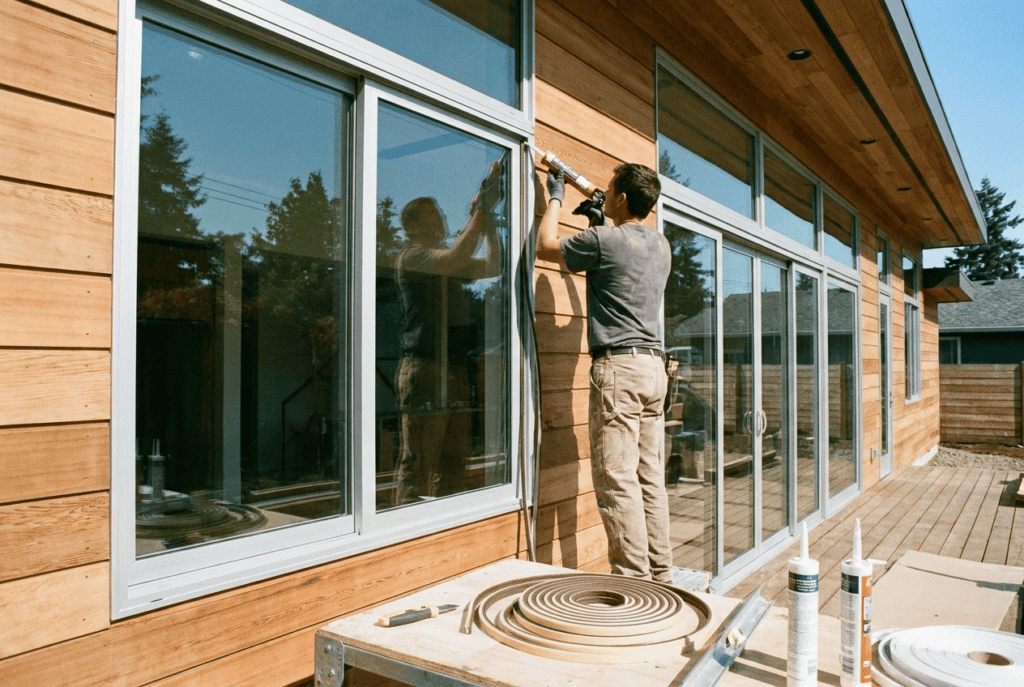 Man installing or repairing large glass windows on a wooden house exterior.