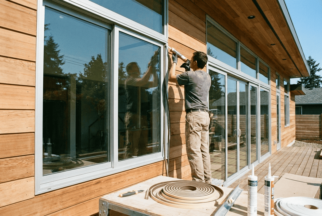 Man installing or repairing large glass windows on a wooden house exterior.