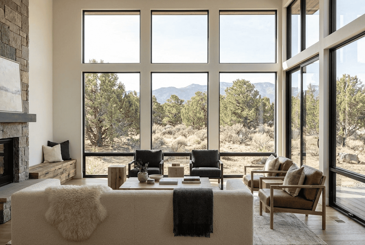 Bright living room with large windows showcasing mountain views, stylish furniture, and natural wood.