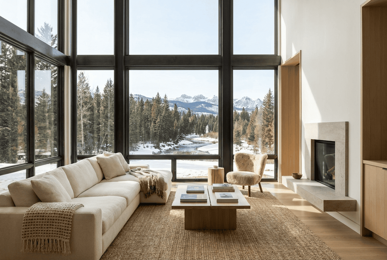 Bright, energy-efficient window with scenic mountain landscape.