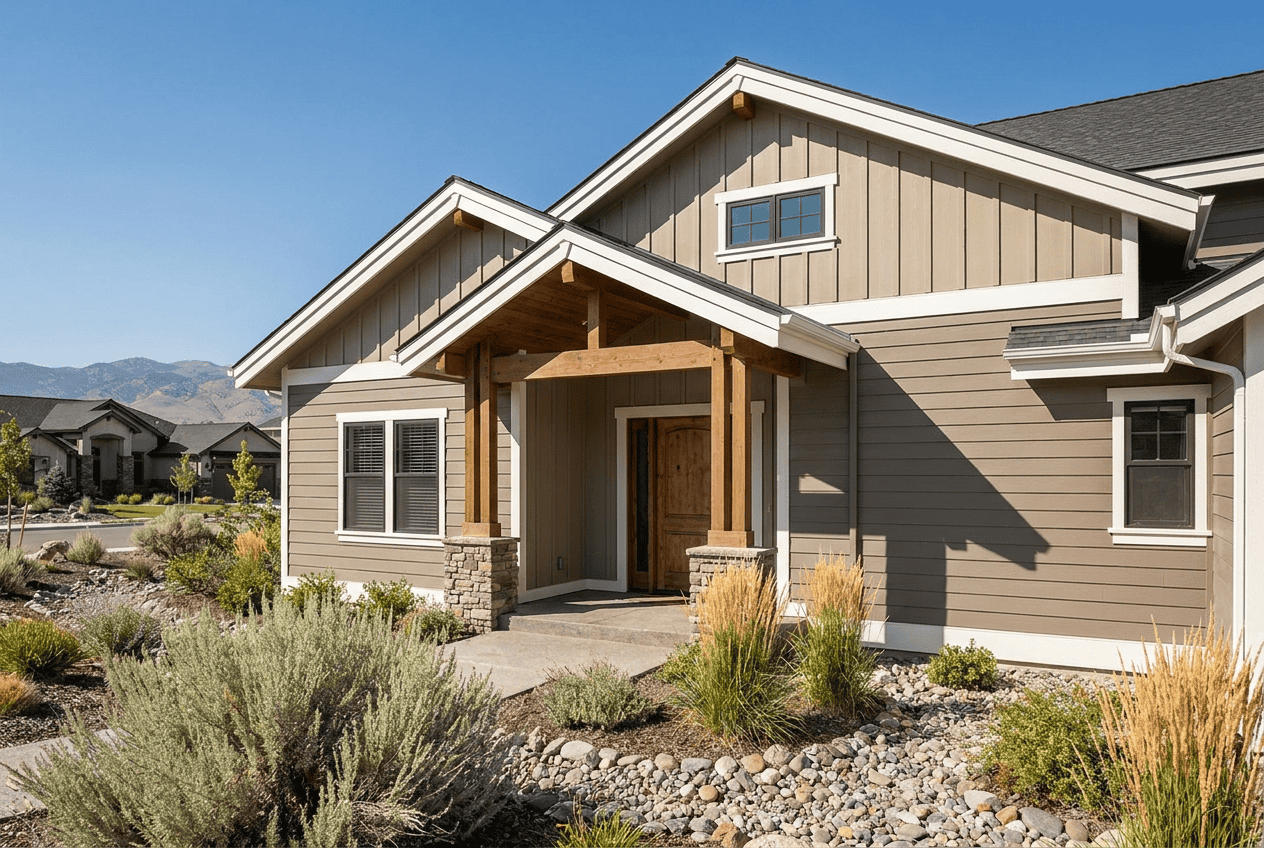 Beautiful modern house with large windows and a welcoming front porch.
