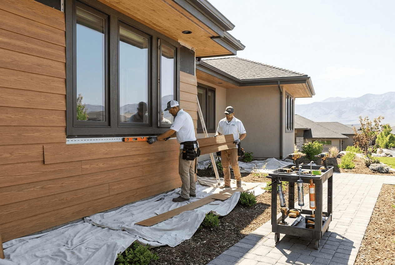 Workers installing modern wooden window frames on a house exterior.