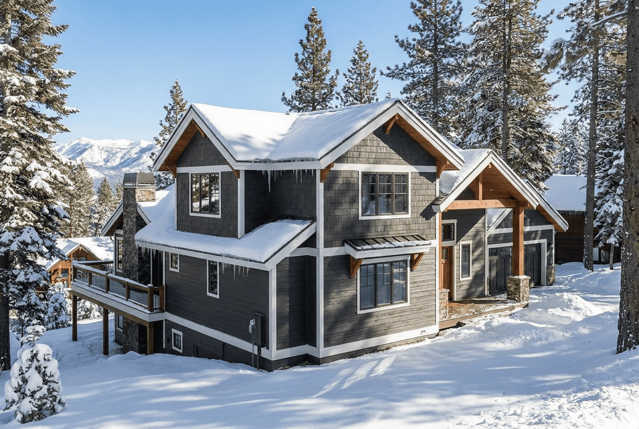 Modern house with large windows in snowy mountain landscape.
