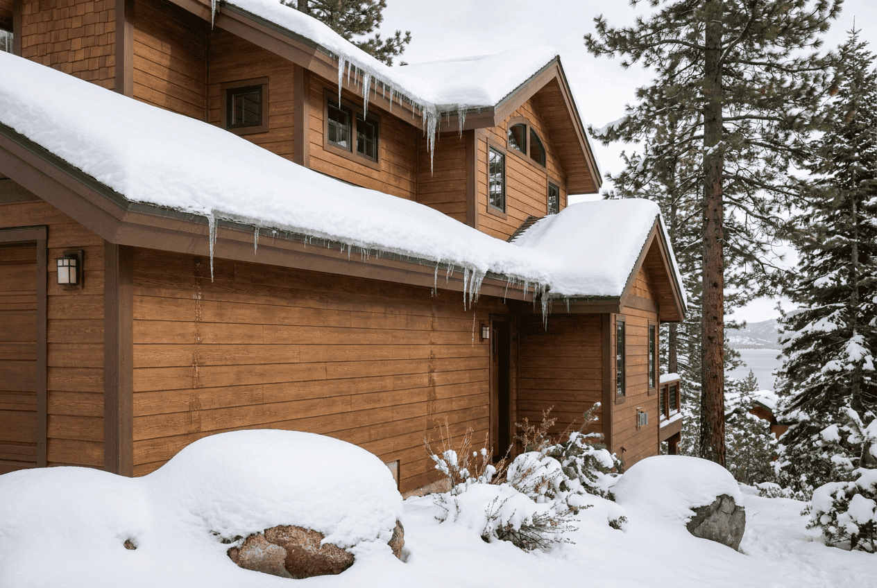 Wooden house with snow-covered roof and icicles in a winter landscape.