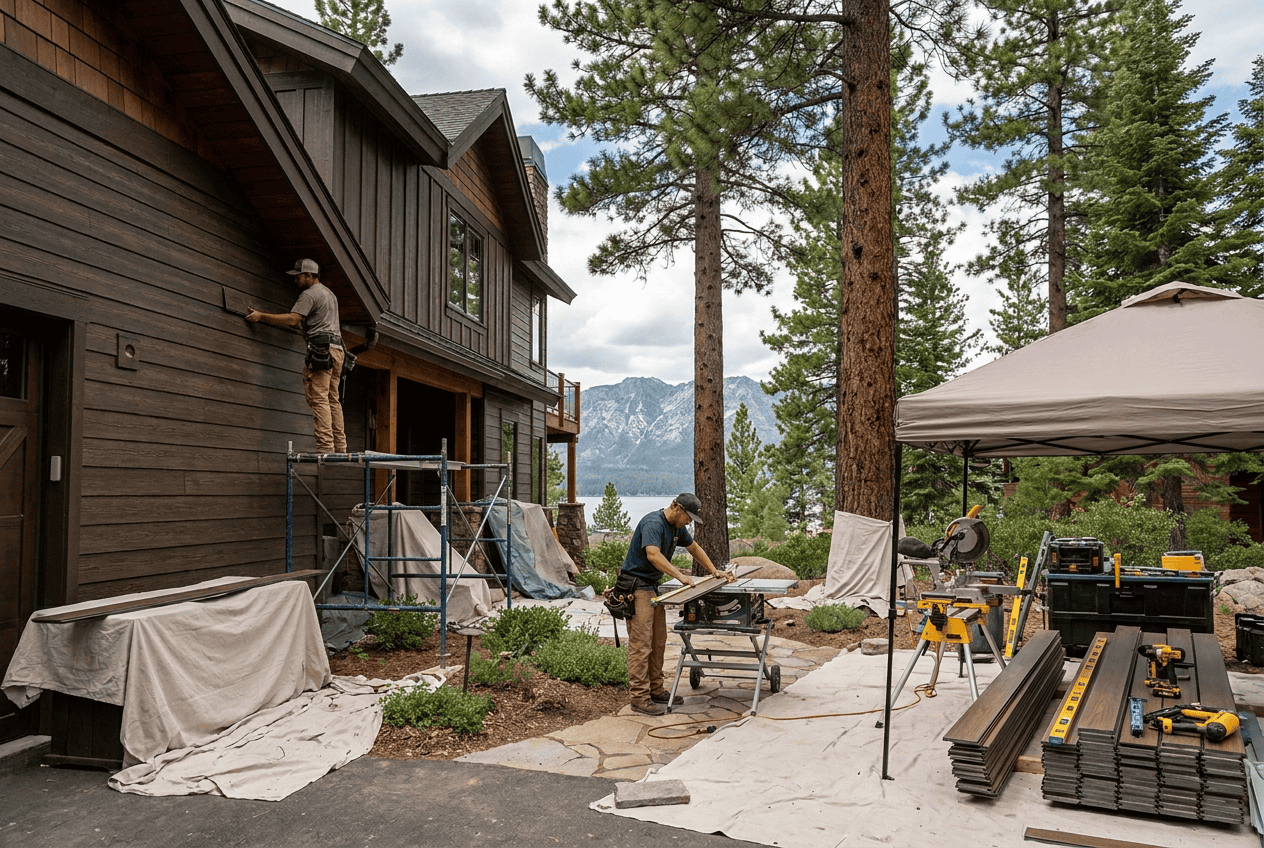 Professional workers installing windows on a wooden house in a forested area with mountain views.
