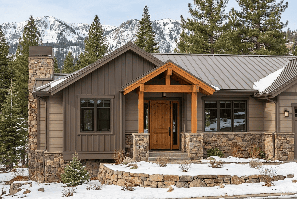Modern house with NTY Windows in a snowy mountain landscape.
