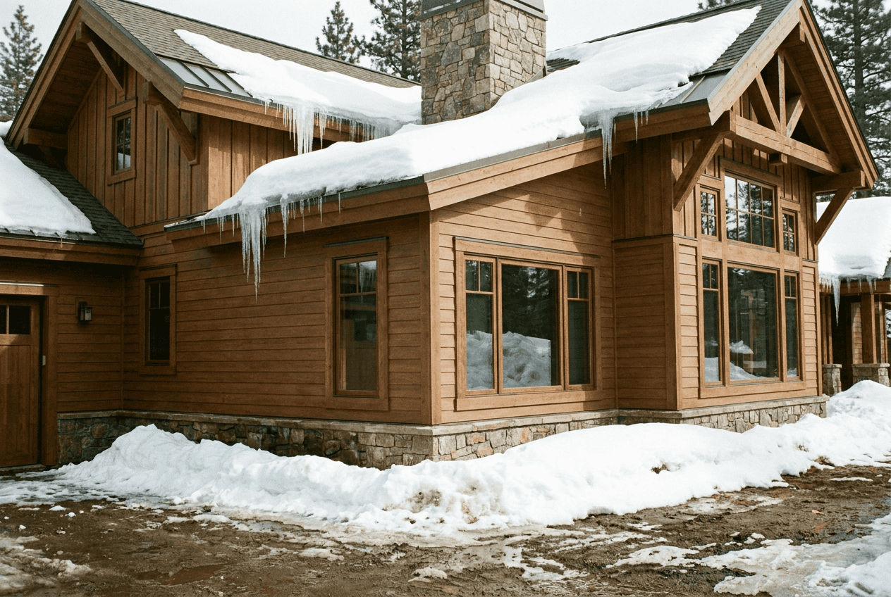 Charming wooden cabin with large windows and snow-covered roof in a winter setting.