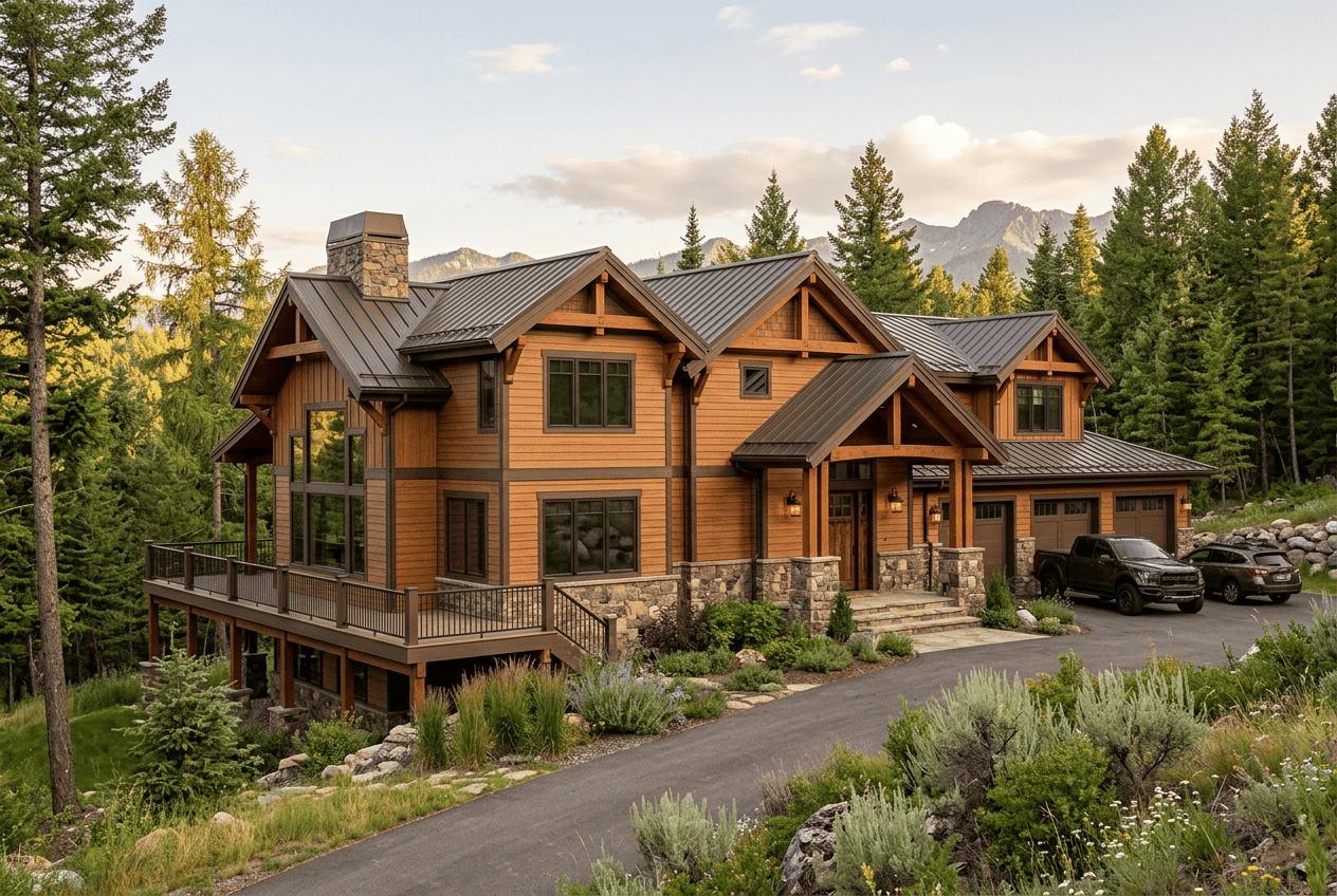 Elegant wooden mountain home with large windows and scenic forest view.
