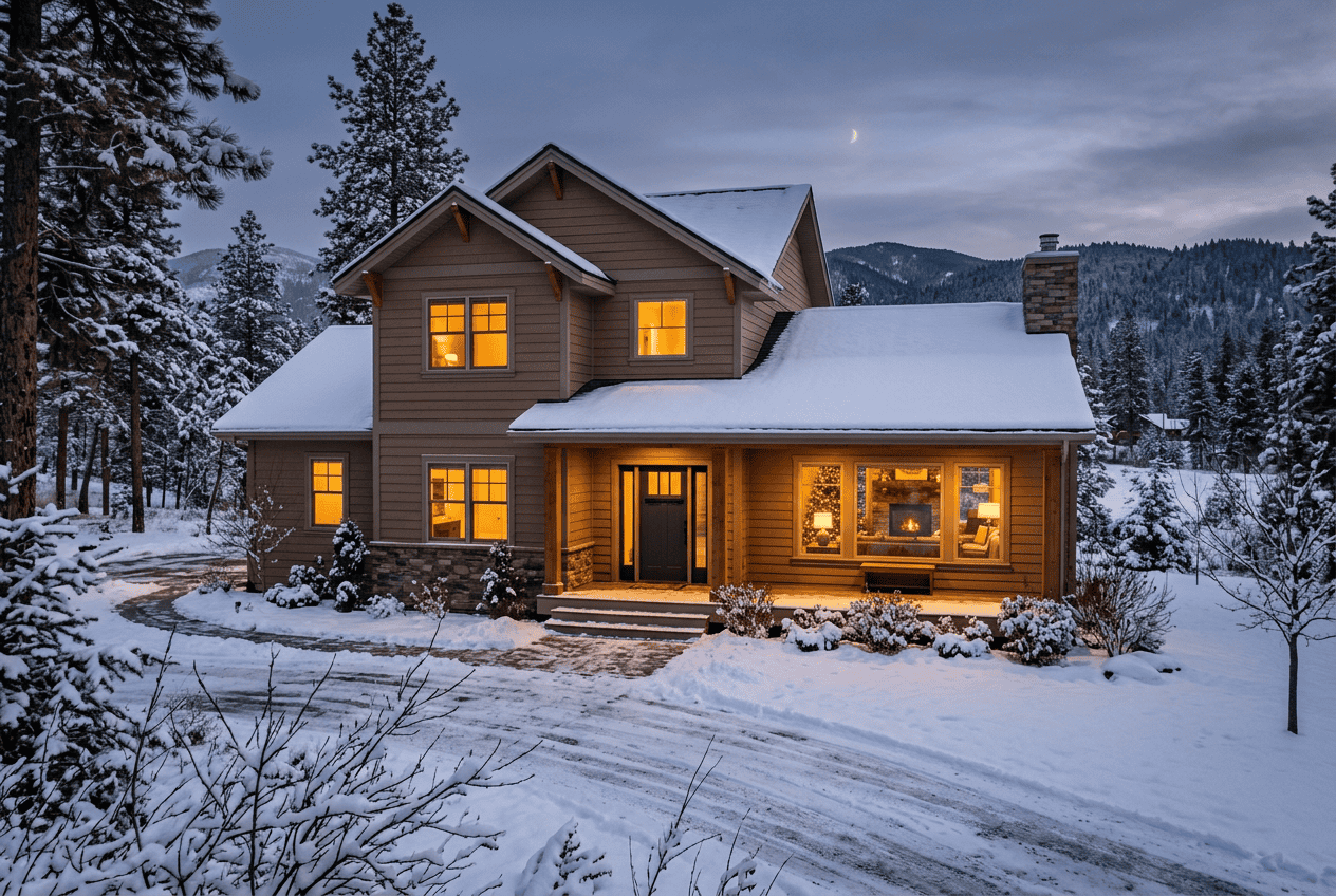 Beautiful winter home with illuminated windows and snow-covered landscape.