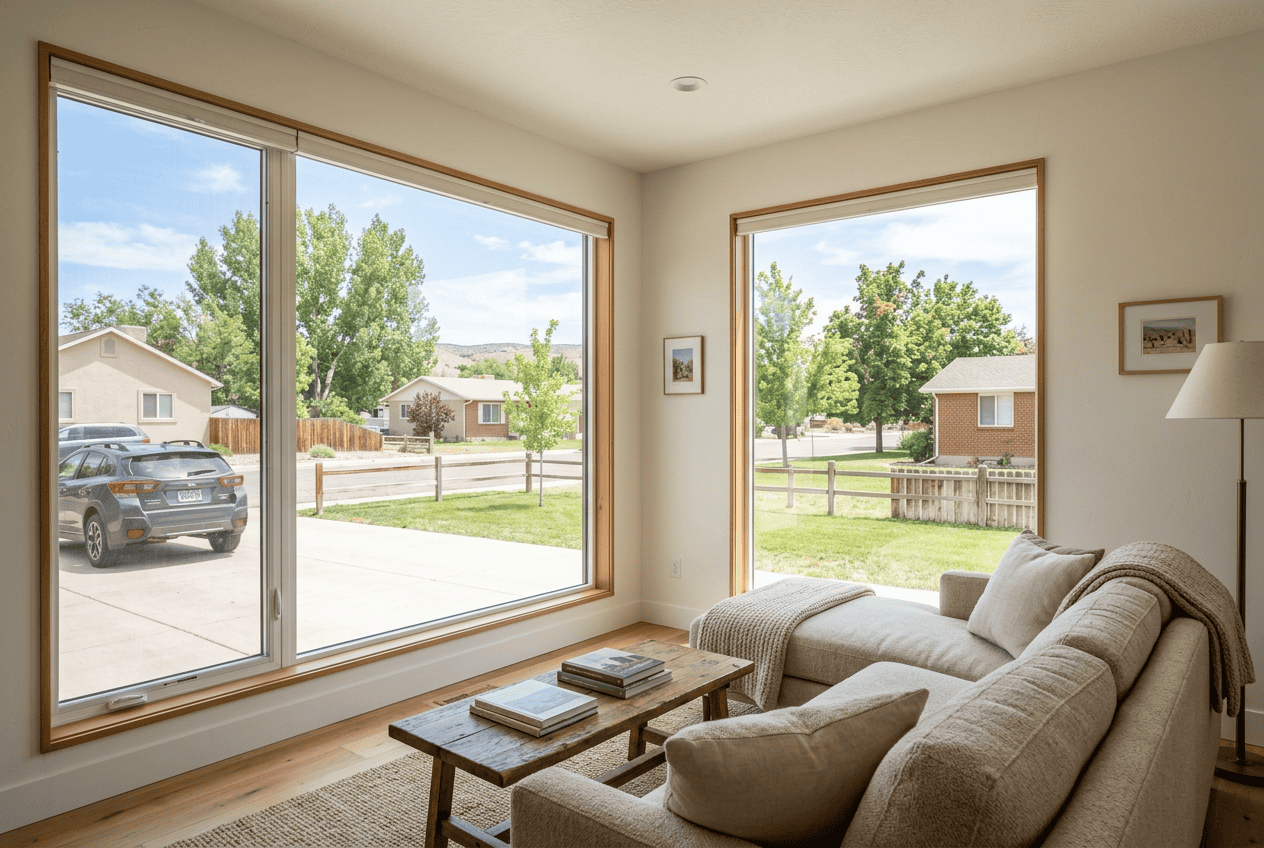 Bright living room with large NTY Windows showing a suburban neighborhood.