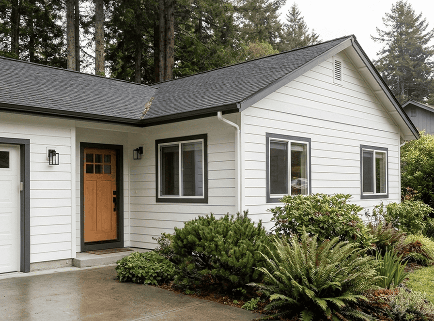 Beautiful white house with black roof and lush garden, featuring large windows and a wooden front do.
