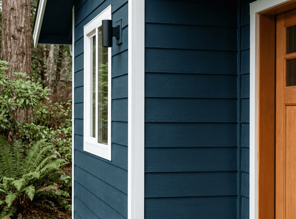 Close-up of blue house siding with window and door, outdoor residential home.