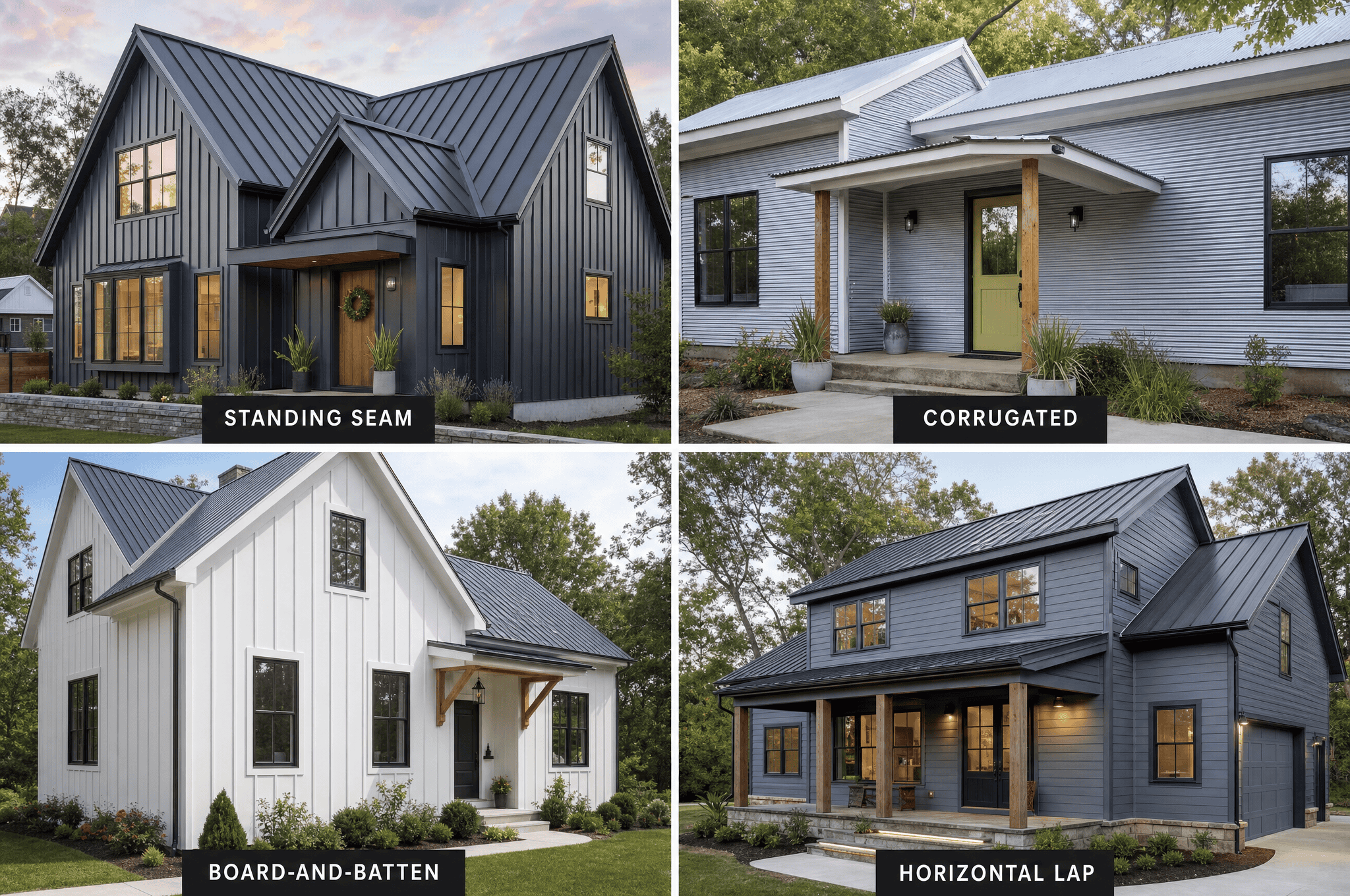 Images of modern house exteriors with various siding and roofing styles by NTY Windows.